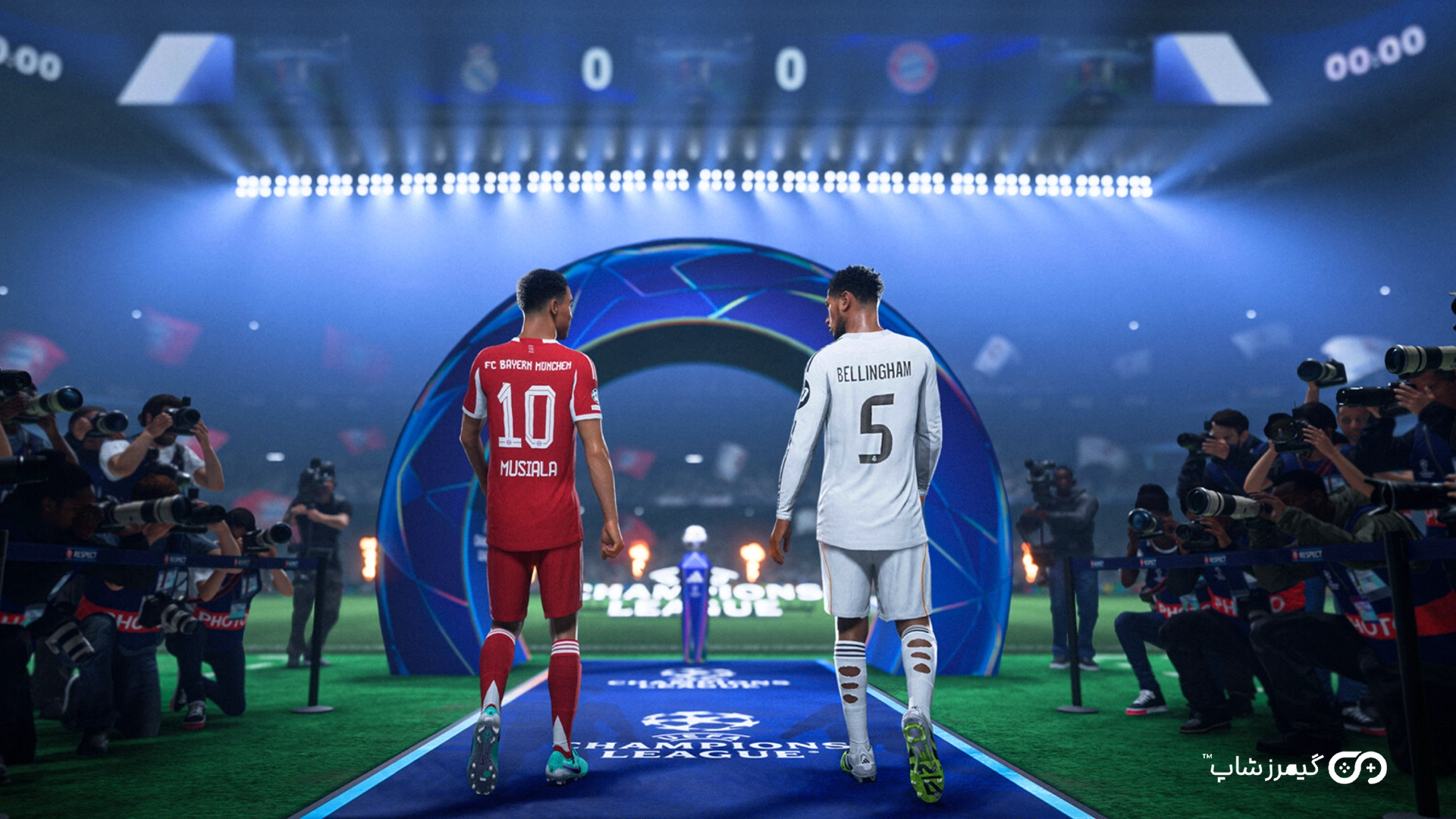 دو بازیکن فوتبال هنگام وارد شدن به زمین در بازی fc26
